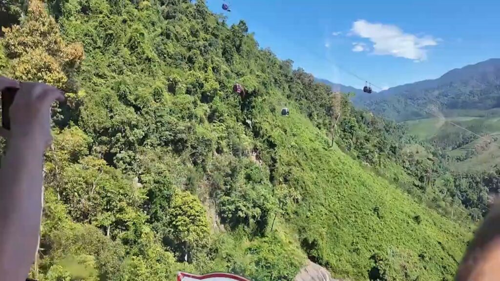 Cable car line climbing over the jungle to Ba Na Hills