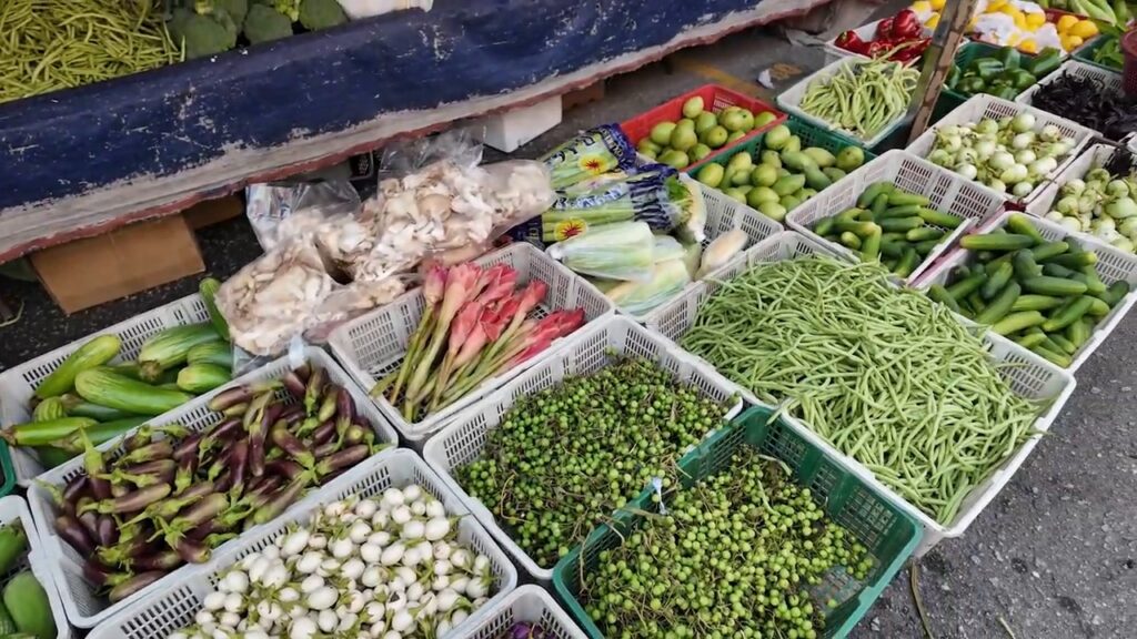 Crates of fresh vegetables at the Kepong night market