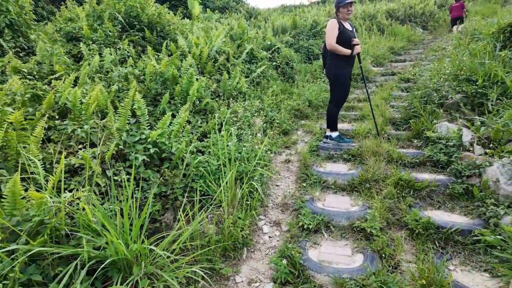 Old tires used as steps on the Sri Bintang Hill trail