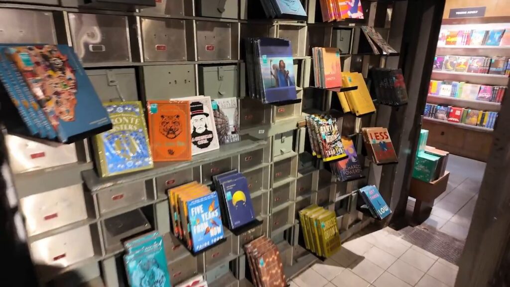Books displayed in old safe deposit boxes at the bank vault bookstore