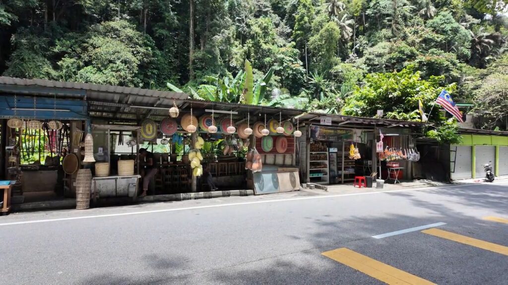 Roadside market stalls near Lata Iskandar Waterfall