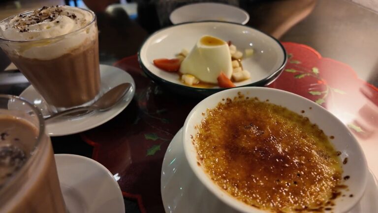 Durian creme brulee, pandan dessert and iced chocolate at Miss Ellie Tea House
