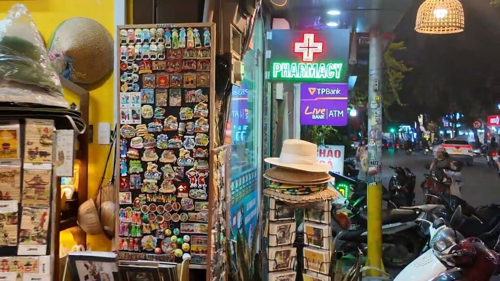 Magnets and hats at a souvenir shop in the Hanoi Old Quarter