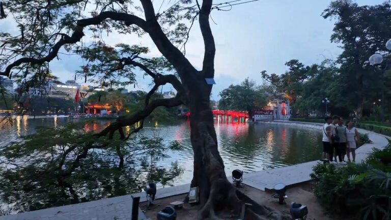 Tree over Hoan Kiem Lake with the red Huc Bridge at dusk in Hanoi